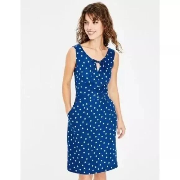 Boden Rae Linen Dress Blue & White Scattered Spot Polka Dot A-Line Dress SZ 8R - Picture 2 of 13